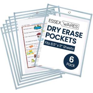 lot 10432 image: Essex Wares - 6 Pack, Light Gray, Water-Resistant Dry Erase Pocket Document Protectors, 10 Wide x 13.5 Tall - Dry Erase Clear Plastic Sleeves - Reusable & Easy Erase Plastic Invoice Holders