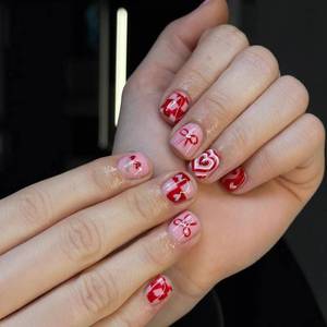 lot 10436 image: Valentines Press on Nails Pink Red Fake Nails with Love Heart Designs Extra Short Square Nails Cute Acrylic Artificial Fingernails Glue on Nails Hearts Stick On Nails for Women 24Pcs