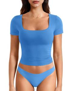 lot 10452 image: YEOREO Womens Tops Short Sleeve Going Out T Shirts Scoop Neck Slim Fit Double Lined Pattiy Crop Tops Sea Blue M