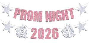 lot 10453 image: Prom Night 2026 Banner, High School College Prom Sign Photo Props, Class of 2026 Graduation Party Decorations Supplies, Pink & Silver Glitter