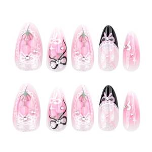 lot 10457 image: Black Pink Press on Nails Short Almond Fake Nails Cute Nails Press ons with Tulips,Bow,Rabbit,Lace Trim Design,Reusable Artificial Nail Full Cover Stick on Nails for Women Manicure 24Pcs