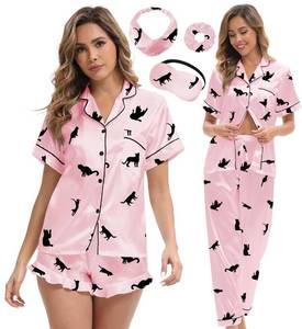 lot 10474 image: MEEYI Silk Satin Pajama Set for Women 3-piece Short Sleeve Pajama with Pants Ruffle Shorts Cute Pj Set Button Down Sleepwear (Cat Pink, Small)