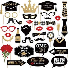 lot 10479 image: Happy Graduation 2026 Photo Booth Props 35pcs Funny Large Graduation Photo Props Class of 2026 Grad Decor with Sticks for Kids Boy Girl Women Men Graduation Party Favors Supplies Decorations