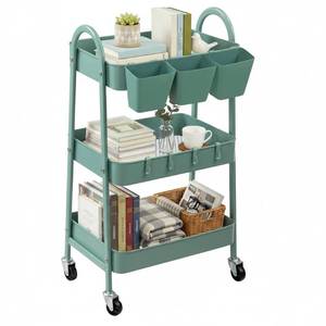 lot 11060 image: danpinera 3-Tier Rolling Cart, Utility Cart Mobile Metal Rolling Storage Cart with Lockable Wheels & Hanging Cups & Hooks for Kitchen, Bathroom, Office, Workshop, Green