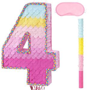 lot 11063 image: WERNNSAI Pink Sweet Four Pi�ata - Number 4 Pi�ata Happy Birthday Decoration Pink Rainbow Design Party Games for Girl Princess Baby Shower Party Favor with Blindfold Anniversary Celebration Supplies