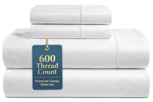 lot 11065 image: LANE LINEN Queen Sheet Set - 100% Cotton Sateen 600 Thread Count - Deep Pocket 4 Piece- Soft Breathable Hotel Luxury Oeko-Tex Certified - Machine Washable - All Season Durable Smooth Easy-Fit - White (Used)