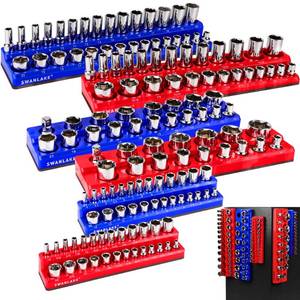 lot 11071 image: Magnetic Socket Organizer Set, 6PCS Socket Holder, 14, 38, 12 Sockets Holds 143 Pieces Magnetic Sockets Trays (Blue&red, 6 Pcs)