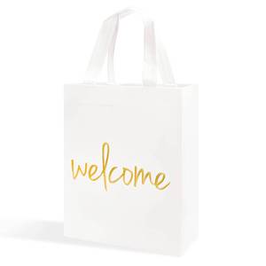 lot 11079 image: Crisky Reusable White Gold Welcome Gift Bags for Wedding Birthday Parties, 50 Counts Medium Size Eco-Friendly Non-Woven for Guests, 11 x4 x9 Inches
