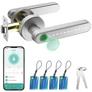 lot 11893 image: Evanshow Smart Door Lock with Knob, Keyless Entry Door Locks with Handle, Fingerprint Door Knob for BedroomFront DoorApartment,Generate Passcode Remotely Silver