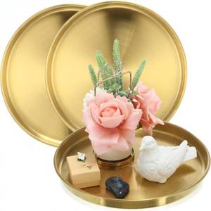 lot 11894 image: Thenshop 1 Pcs 12 Inch Gold Round Serving Tray Stainless Steel Circle Decorative Vanity Gold Plate Metal Jewelry Makeup Organizer Dishes for Gift Wedding Coffee Table Bathroom Dessert Christmas