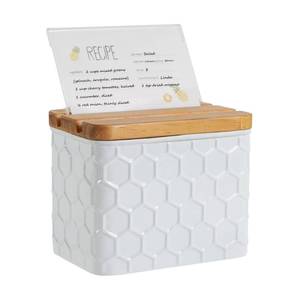 lot 11898 image: HOME PALETTE Recipe Box with Cards and Dividers Set 4x6 Recipe Holder for Kitchen Counter Metal White Honeycomb Pattern Embossed Recipe Card Box with Wooden Grooved Lid
