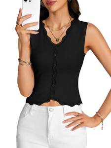 lot 12004 image: KIFOVEN Womens V Neck Ribbed Tank Top Summer Sleeveless Lace Trim Slim Fit Sexy Cropped Shirt Cute Casual Tops 2026 Black X-Large