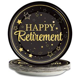 lot 12008 image: Wiooffen 48 Pcs Retirement Paper Plates Happy Retirement Party Supplies Decorations Disposable Dessert Plates Decorations Black and Gold Retired Plates Graduations Tableware for Men Women