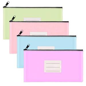 lot 12387 image: 4-Pack Money Bags with Zipper 11 x 6 Inches, Bank Deposit Bag, PU Leather Cash Pouches with Label, for Coins, Cosmetics, Bills, Tools, Pink & Purple & Blue & Green