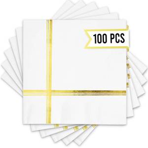 lot 12399 image: White and Gold Napkins �� Set of 100 Disposable 5x5 Inch Cocktail and Dessert Napkins with Gold Trim, Perfect for Wedding Parties and Events