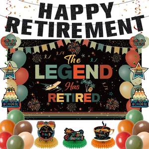 lot 12408 image: 27pcs Retirement Decorations for Men Women Coloful Vintage Happy Retirement Banner Balloons The Legend Has Retired Backdrop Hanging Swirls Table Centerpieces Retired Farewell Decorations Supplies
