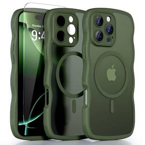 lot 12429 image: QVLANG Case for iPhone 16, Cute Wave Cover Case, UpgradedFull Camera ProtectionCompatible with MagsafeMilitary Grade ProtectionTranslucent Matte Phone Case for Women Girls, Forest Green
