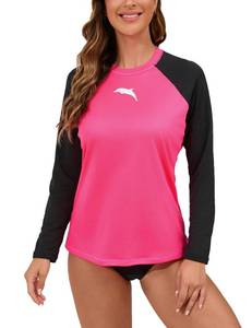 lot 12438 image: Halcurt Womens Long Sleeve Rash Guard Swim Shirt with Built in Bra Lightweight UPF50 Quick Dry Swimsuit Top Neon Pink Black L