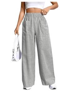 lot 12443 image: Floerns Womens Striped Print Elastic High Waist Pocket Front Wide Leg Pants Grey Medium