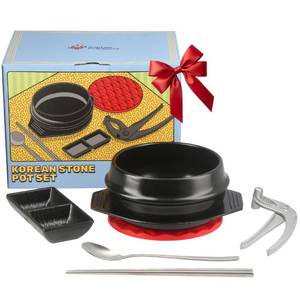 lot 13400 image: Captain Cranberry Korean Stone Pot Set (7-piece, 38.7oz with Hot Pot Grip), Ttukbaegi, Dolsot, Korean Soup Bowl, Ceramic Pots for Cooking, Soup Pot, Earthenware Claypot, Bibimbap, Ramen
