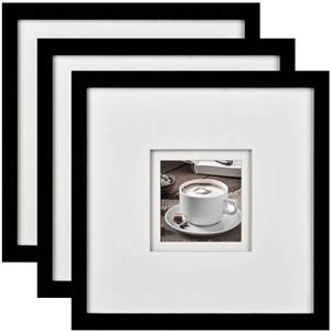 lot 13404 image: Yaetm 12x12 Square Picture Frame Matted to 5x5, Double Floating Ivory Mat, Black Photo Frame with Polished Tempered Glass for Wall Gallery, Home and Office, Wall Mounting, 3 Pack, Black