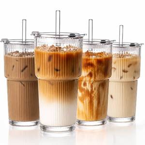 lot 13407 image: GOSCHE 20oz Glass Tumblers with Straws and Lids, Ribbed Iced Coffee Cups Leak-proof, Dishwasher Safe, Thickened Glass Cups with Lids Ideal for Coffee and Travel, Clear, 4 Pack