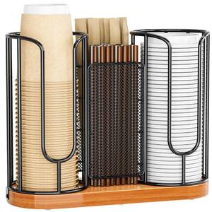 lot 13411 image: Coffee Cup and Lids Holder - Disposable Cups Straws Organizer with Wooden Base - Paper Plastic Cup Holder Dispenser Storage for Countertop Coffee Station Bar Restaurant Office Breakroom Shop Kitchen