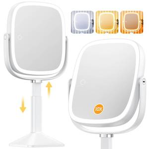 lot 13413 image: Gospire Rectangle Lighted Makeup Mirror with Magnification, 10X Magnifying Mirror with Lights 3 Color, Height Adjustable and 4000mAh Battery for Bedroom Bathroom, Large Surface for Women or Men- White