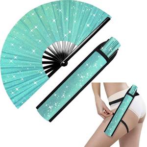 lot 14009 image: prario Glitter Large Rave Folding Clack Hand Fan with Holster for Men Women Handheld Fan for Festivals,Halloween,Rainbow Outfits,Disco Party,EDM,Burlesque,Drag Queen for Rave Accessories