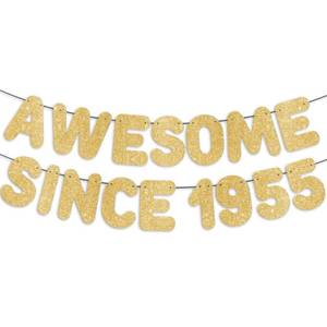 lot 14010 image: Pre-Strung Awesome Since 1955 Gold Glitter Banner, 71th Birthday Decorations for Women, 71 Year Old Anniversary Party Sign for Men