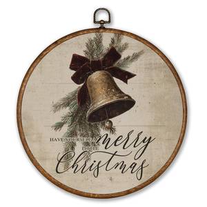 lot 14019 image: Voxitura Winter Christmas Bells Wall Art Round Framed, Vintage Bow Coquette Wall Decor Canvas Hanging Living Prayer Girly Room, Rustic Festive Retro Prints Artwork Decorations for Bedroom 10x10in
