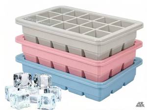 lot 14027 image: Silicone Ice Cube Trays 3Packs, Easy Release Ice Cube Molds with Lid, Freezer Stackable Ice Maker for Whiskey, Baby Food, BPA Free (BlueGreyPink)