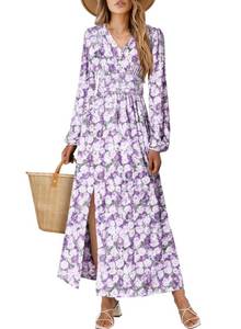 lot 14029 image: BLENCOT Women Floral Print Maxi Dresses V Neck Spring Casual Long Sleeve High Waist Smocked Wedding Guest Dress Purple X-Large
