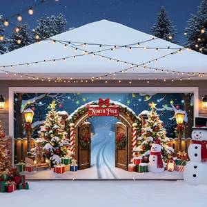 lot 14036 image: HunnmingRe Christmas Door Banner Decoration 13 x 6 Ft Magnetic Garage Door Covers Large Christmas Backdrop Decorations for Outdoor Indoor Xmas Party (the North Pole)