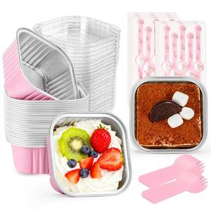 lot 14055 image: LOKQING 60 Pack Mini Cake Pans with Lids Foil Pans Square Aluminum Pans with Lids Cupcake Liners for Birthday Wedding, Graduation Gifts Party Favors (Pink, 5 oz)