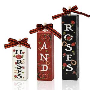 lot 14076 image: Smile Horses and Roses Wooden Block Decor Set, 3-Piece Vertical Letter Blocks with Rose & Horseshoe Accents, Tiered Tray Tabletop Signs for Horse Racing Party Decorations