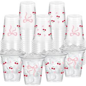 lot 14446 image: SYUCVQI 40 Pcs Cherry Plastic Cups Pink Bow Drinking Cups for Coquette Party Supplies 12oz Disposable Cup for Pink Cherry Theme Party Decorations Bridal Birthday Bachelorette Weddings Supplies