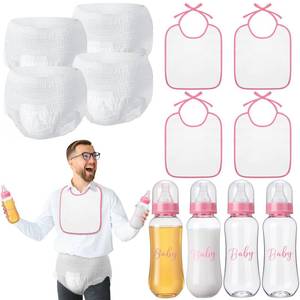 lot 14453 image: 4 Sets Bottle Chug Baby Shower Games Juegos Para Plastic Baby Bottles Bibs Disposable Diapers Gender Reveal Games Baby Changing Diaper Race Game Decoration (Pink)