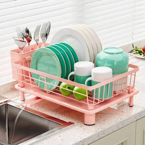 lot 19648 image: BULIJUJU Small Dish Drying Rack, Space Saving Dish Racks for Kitchen Counter, Kitchen Organizer Dish Drainer with Cutlery Holder for Spoons and Forks, 11W x 15L, Pink