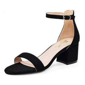 lot 19657 image: GENSHUO Womens Low Block Heels,2 inch Open Toe Ankle Strap Chunky Sandals Strappy Block Comfort Shoes Bridal Wedding Homecoming Faux Suede Black Size 7.5 (Slightly Worn)