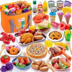 lot 19661 image: Juboury Pretend Play Food Set for Kds Kitchen, Cutting Toy Food with Storage Bag, Stainless Steel Tray and Plates, Fake Food with Veggies, Fruits, Dessert, Pizza Toy, Play Kitchen Accessories for Kids