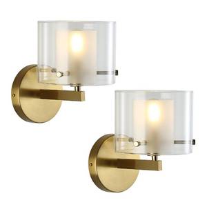 lot 19695 image: breomo Bathroom Wall Sconces, with Double Clear Glass Shades, Gold Wall Lights for Bedroom, Hardwired Modern Vanity Lights for Living Rooms, and hallways. E12 Socket (Gold, 2 Pieces)