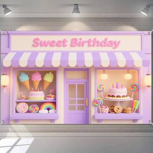 lot 20014 image: BlissYard Happy Birthday Banner Sweet Candy Store Party Pastel Purple Decrations Dessert Shop Design Ice Cream Cakes Lollipops for Girls Kids Backdrop 71x43 Inch Photography Background Photo Booth