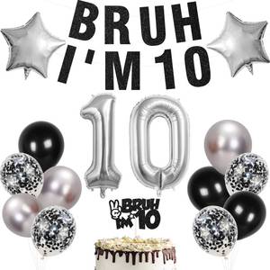 lot 20017 image: 10th Birthday Decorations for Boys,Black Glitter Banner and Cake Topper, 32 inch Silver Number Balloons 1 and 0,and Black Silver Confetti Latex Balloons for 10th Birthday Party Supplies