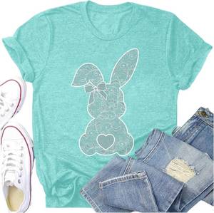 lot 20030 image: Potia Easter Shirts for Women Happy Easter Day Bunny T-Shirt Plaid Cute Bow Love Rabbit Egg Tee Tops