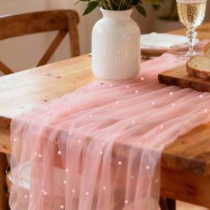 lot 20431 image: WELTRXE Pearl Table Runner Tulle 30x120 Inch 10FT Long, Pink Gauze Table Runners, Rustic Boho for Wedding Arch Birthday Party Bridal Veil Baby Shower Decorations