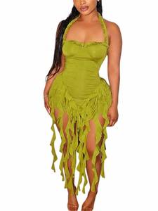 lot 20432 image: Womens Summer Mini Dress Sexy Halter Backless Ruffle Fringe Bodycon Short Dress Cocktail Party Beach Vacation Sundress Green Large (Cosmetic damage)