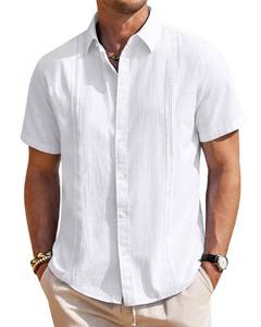 lot 20435 image: Mens Linen Shirts Short Sleeve Button Down Shirt Casual Cuban Guayabera Lightweight Summer Beach Solid Tops White 6XL
