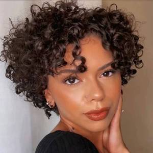 lot 20436 image: Amecire Short Curly Wigs for Black Women Human Hair Afro Natural Curly Wig Brazilian Virgin Pixie Cut Wig Human Hair With Bangs 150% Density None Lace Front Bob Wigs 1B Color (Big Curly)