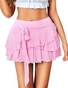 lot 20437 image: Avidlove Womens Mini Skirt Mesh Flowy Hem Y2K Skirts Multi-Layer Ruffle Trim Lingerie Skirt Pink S